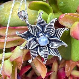 😵 Moonstone Flower Pendant necklace rainbow blue flash stainless Steel 925
